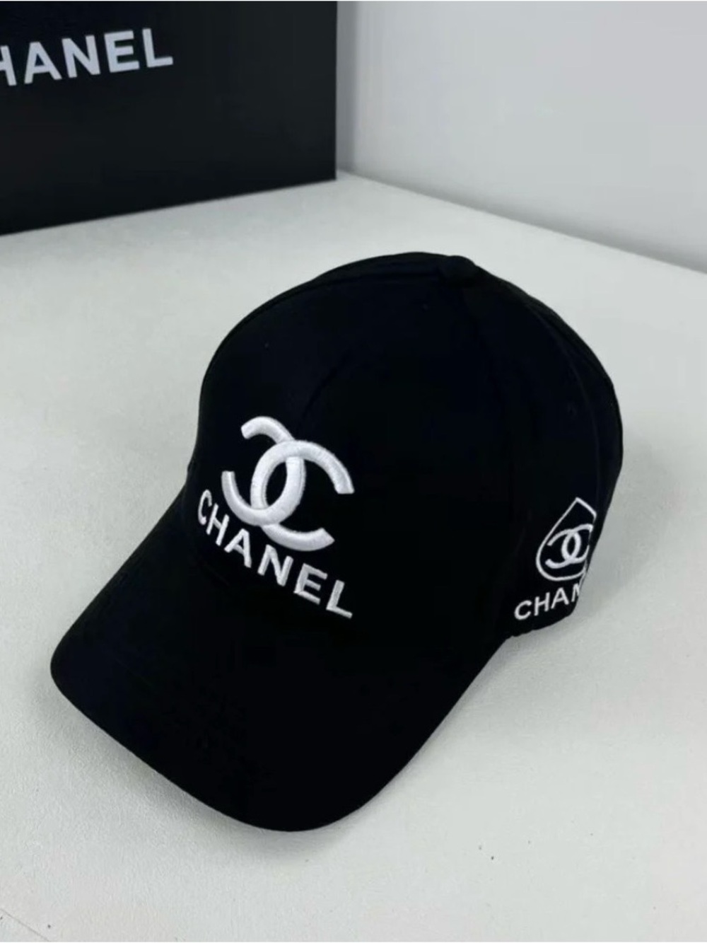 CHANEL Black Baseball Cap with White CC Logo